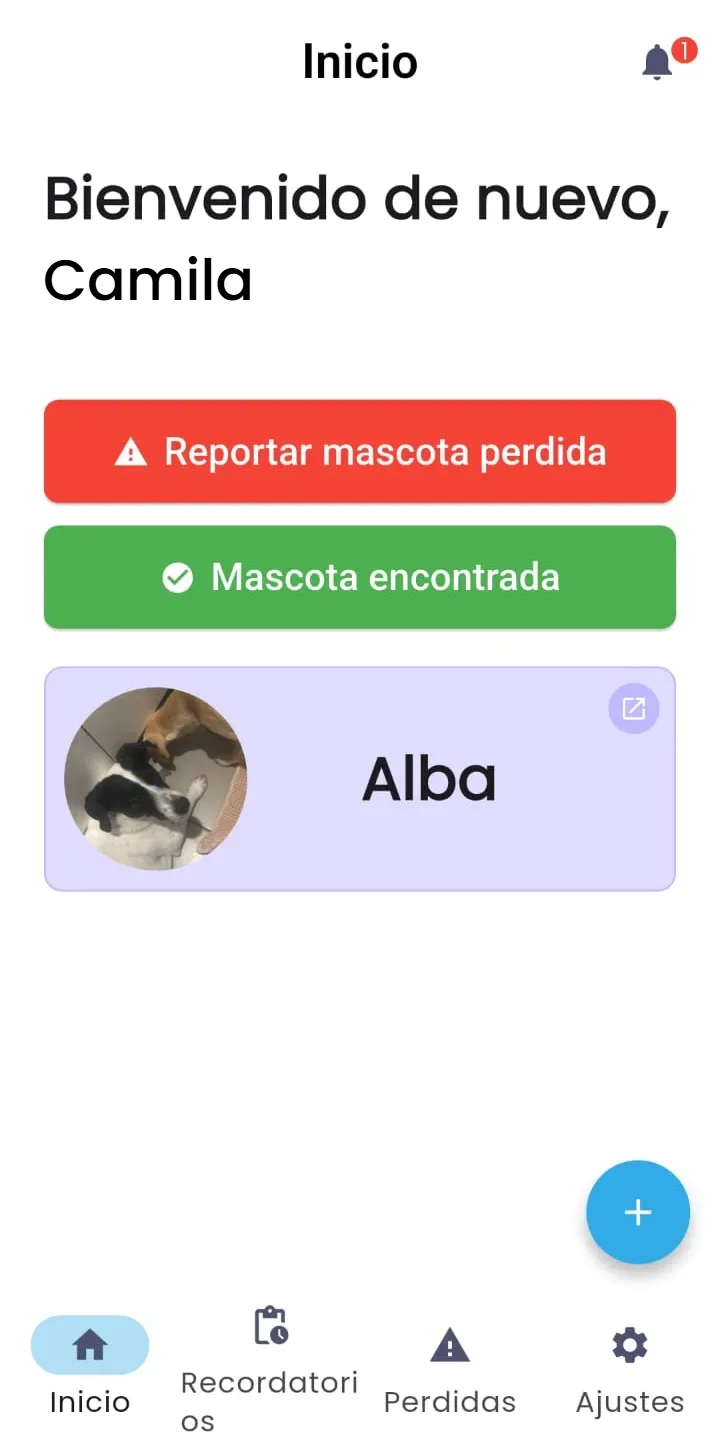 Captura de la aplicación PeluID con datos de ejemplo: pantalla de inicio con el perfil de una mascota y accesos para reportarla como perdida o encontrada.